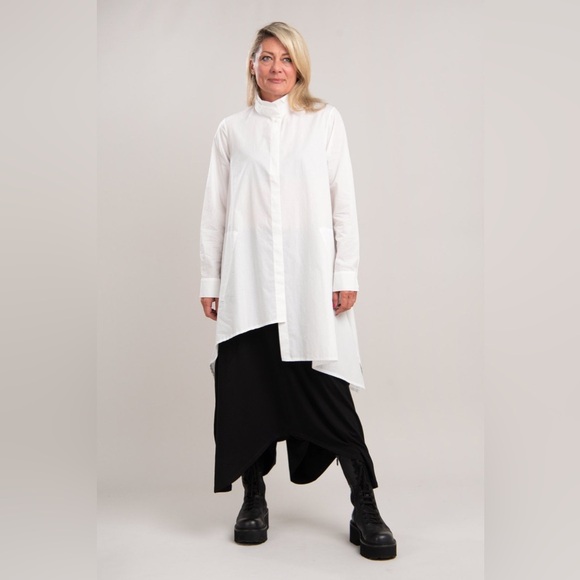 Luukaa Tops - Luukaa White Cotton Poplin Asymmetrical Button Down Shirt Tunic Lagenlook Layer